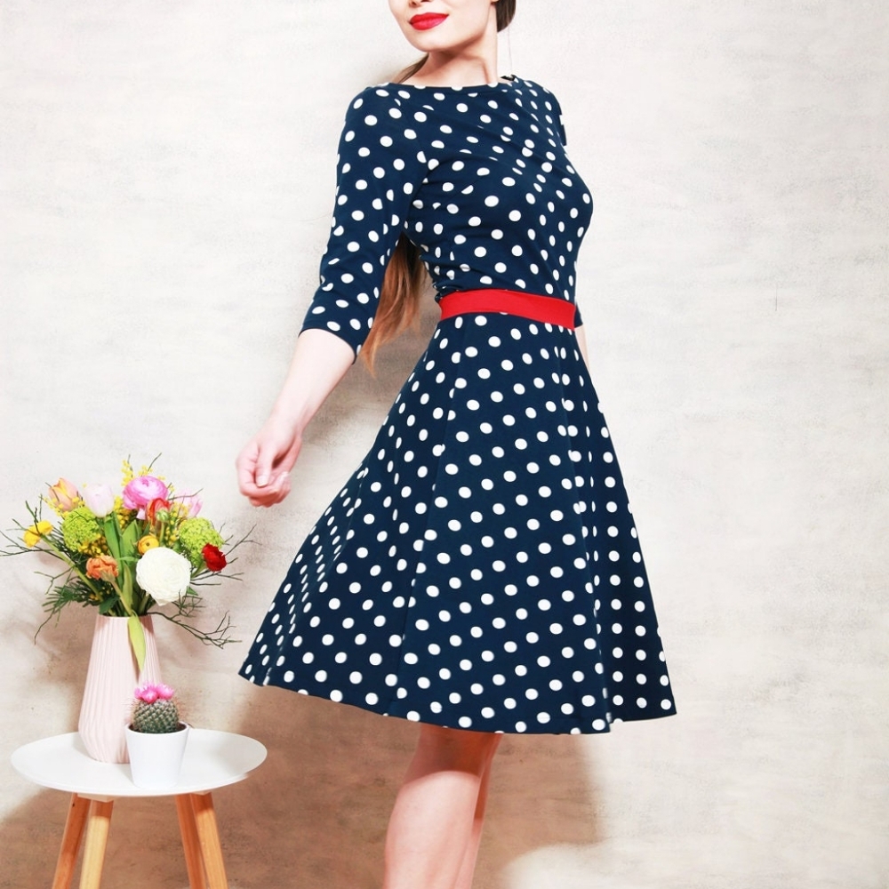 Pin Up Style Blue And White Polka Dot Dress With Belt